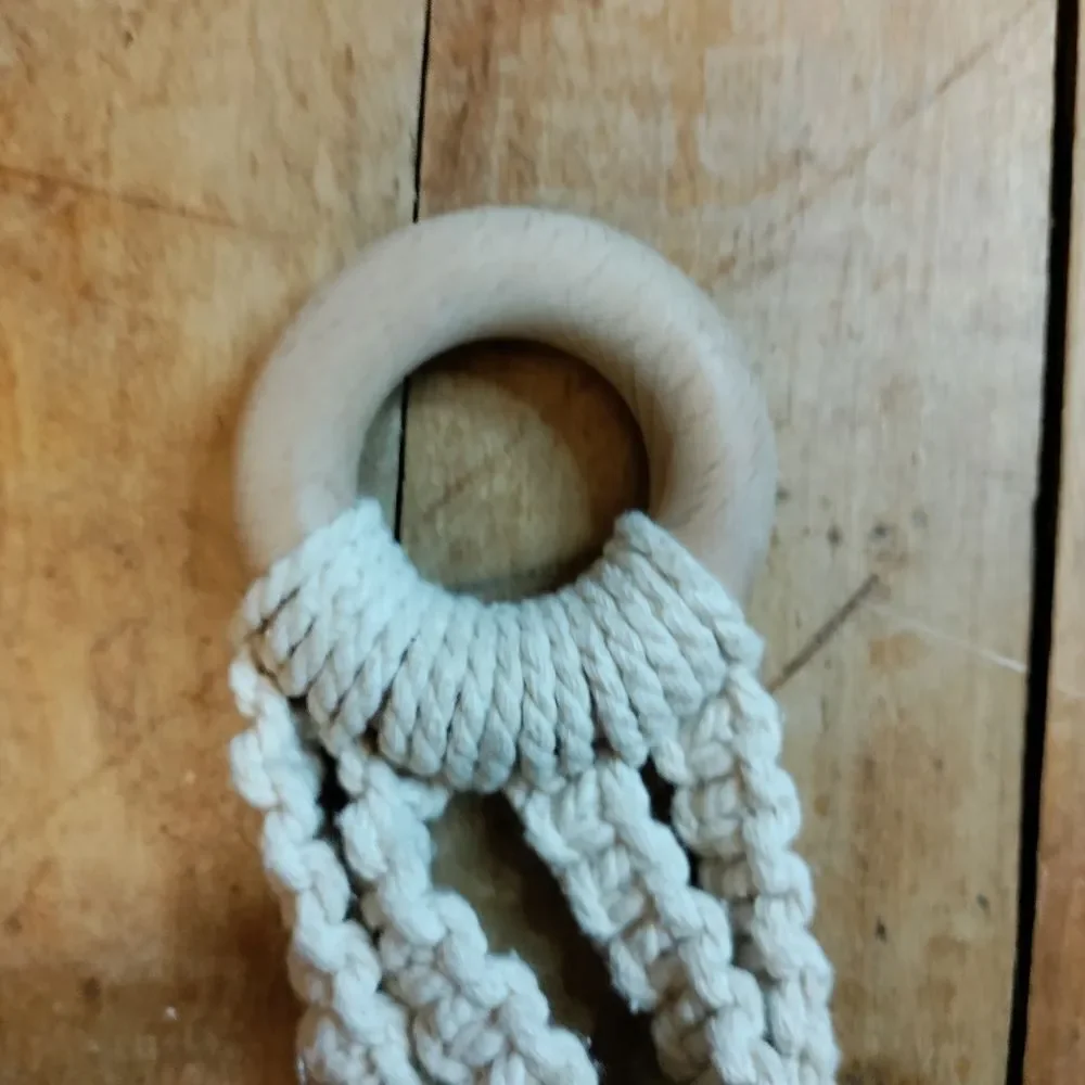 Baby teething ring pacifier clip handmade handwoven cream wooden ring new