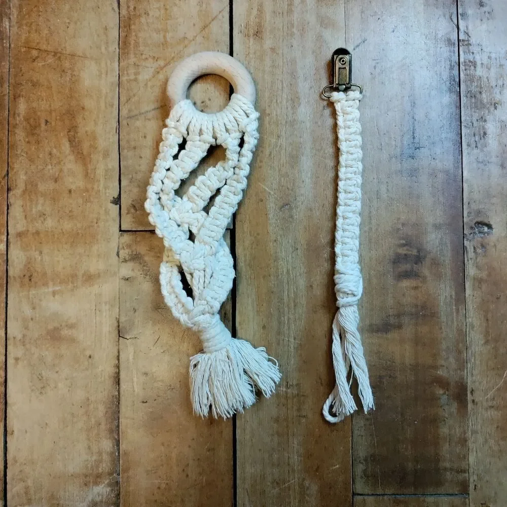 Baby teething ring pacifier clip handmade handwoven cream wooden ring new