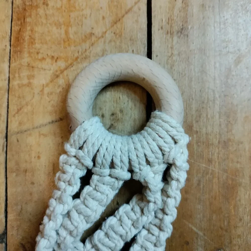 Baby teething ring pacifier clip handmade handwoven cream wooden ring new