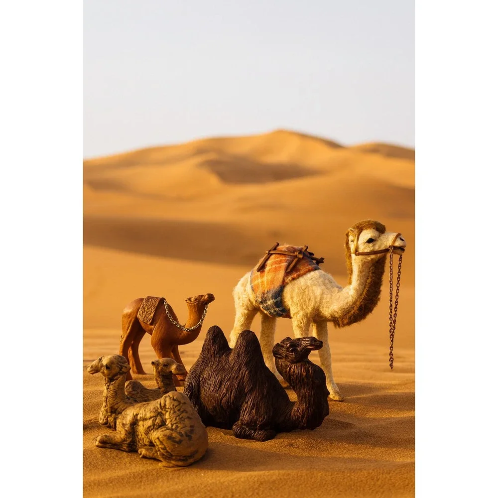 Vintage Fur Camel Figurine with Blanket & Brass Chain – Handcrafted Animal Decor