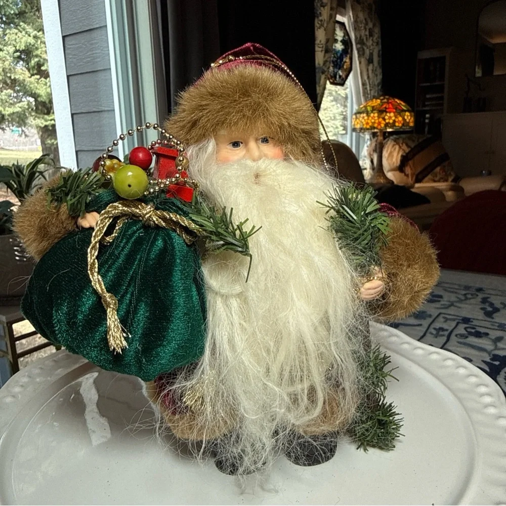 Santa Clause Christmas Ornament Or He Stands 7” Fur Cape Coat Bag Toy Gifts Hang