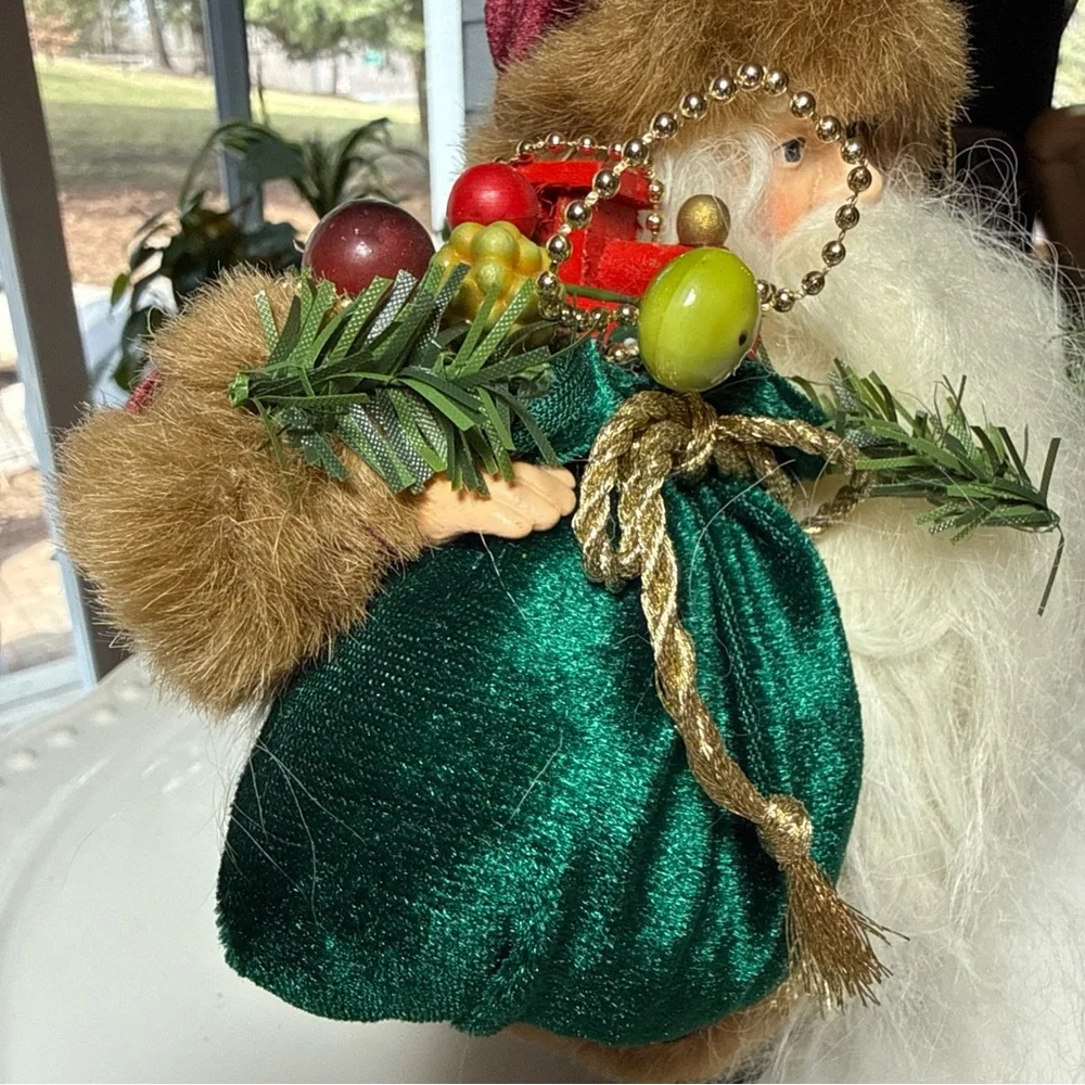 Santa Clause Christmas Ornament Or He Stands 7” Fur Cape Coat Bag Toy Gifts Hang