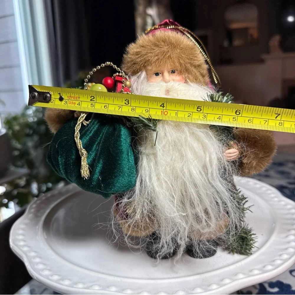 Santa Clause Christmas Ornament Or He Stands 7” Fur Cape Coat Bag Toy Gifts Hang