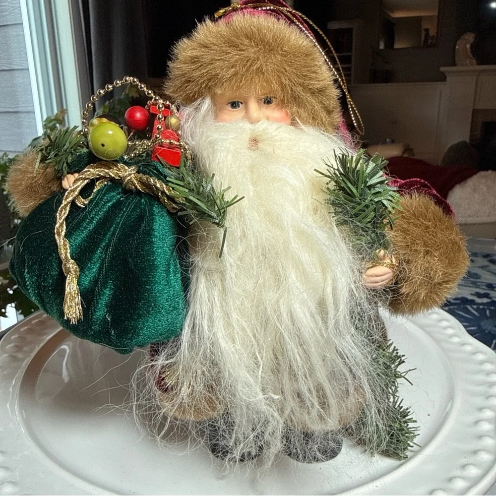 Santa Clause Christmas Ornament Or He Stands 7” Fur Cape Coat Bag Toy Gifts Hang