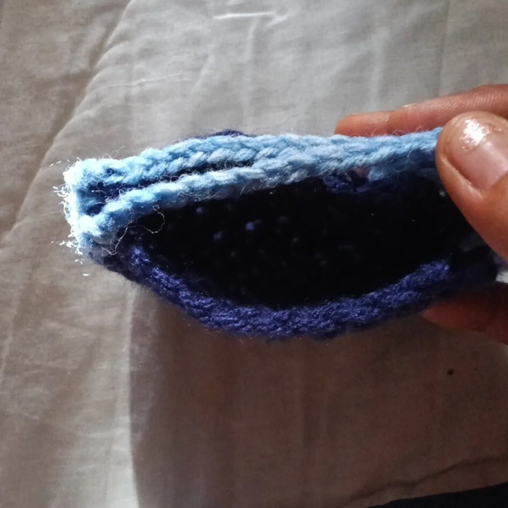 Hand Made Blue Crochet Soap Handbag with Floral Accent And Light Blue Edges