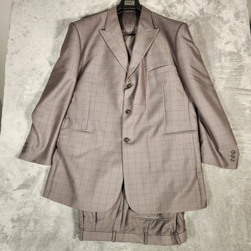 Phat Farm Premium Mens‎ 3 Piece Suit 52L Grey Plaid Polyester Rayon Business