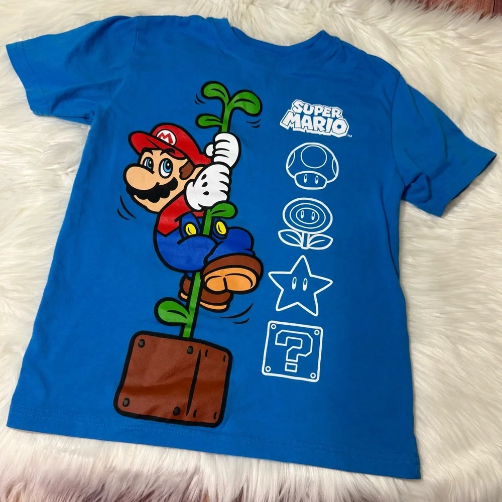 Nintendo Super Mario Youth Boy Size 7 Blue Graphic Short Sleeve Shirt