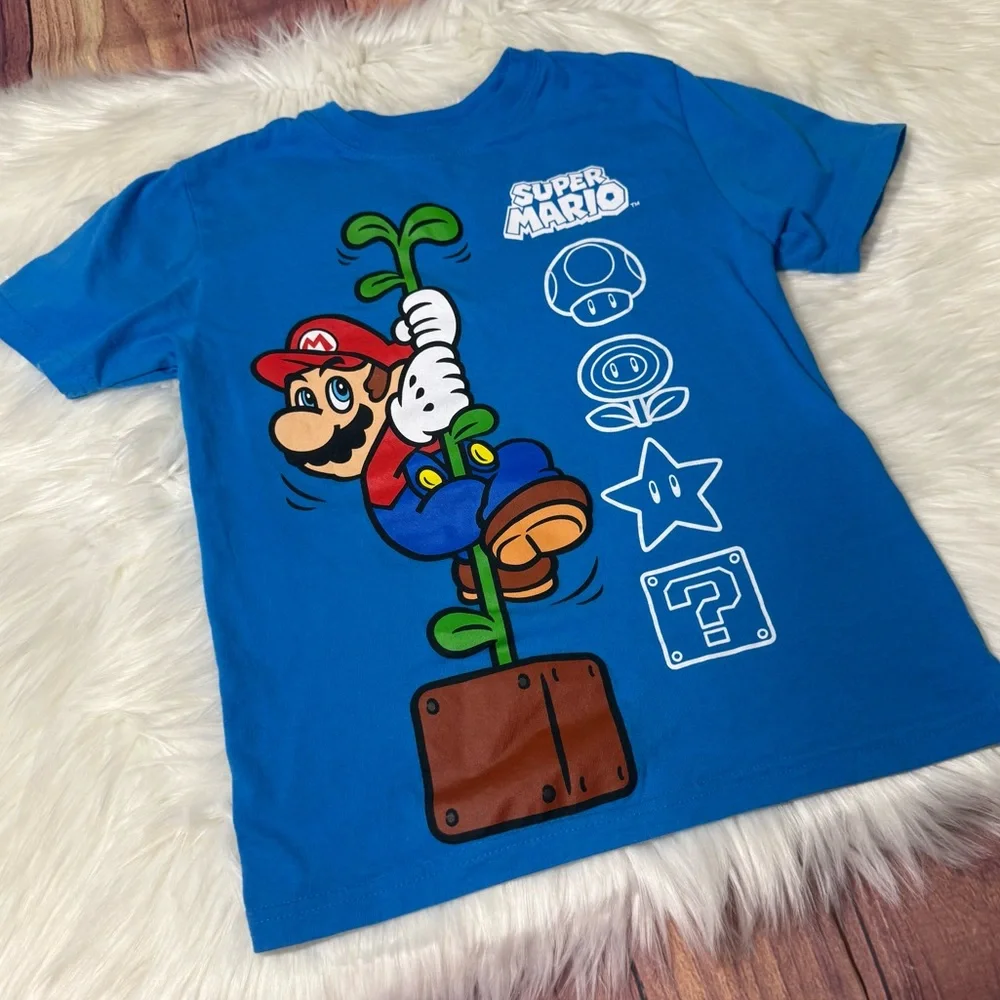 Nintendo Super Mario Youth Boy Size 7 Blue Graphic Short Sleeve Shirt