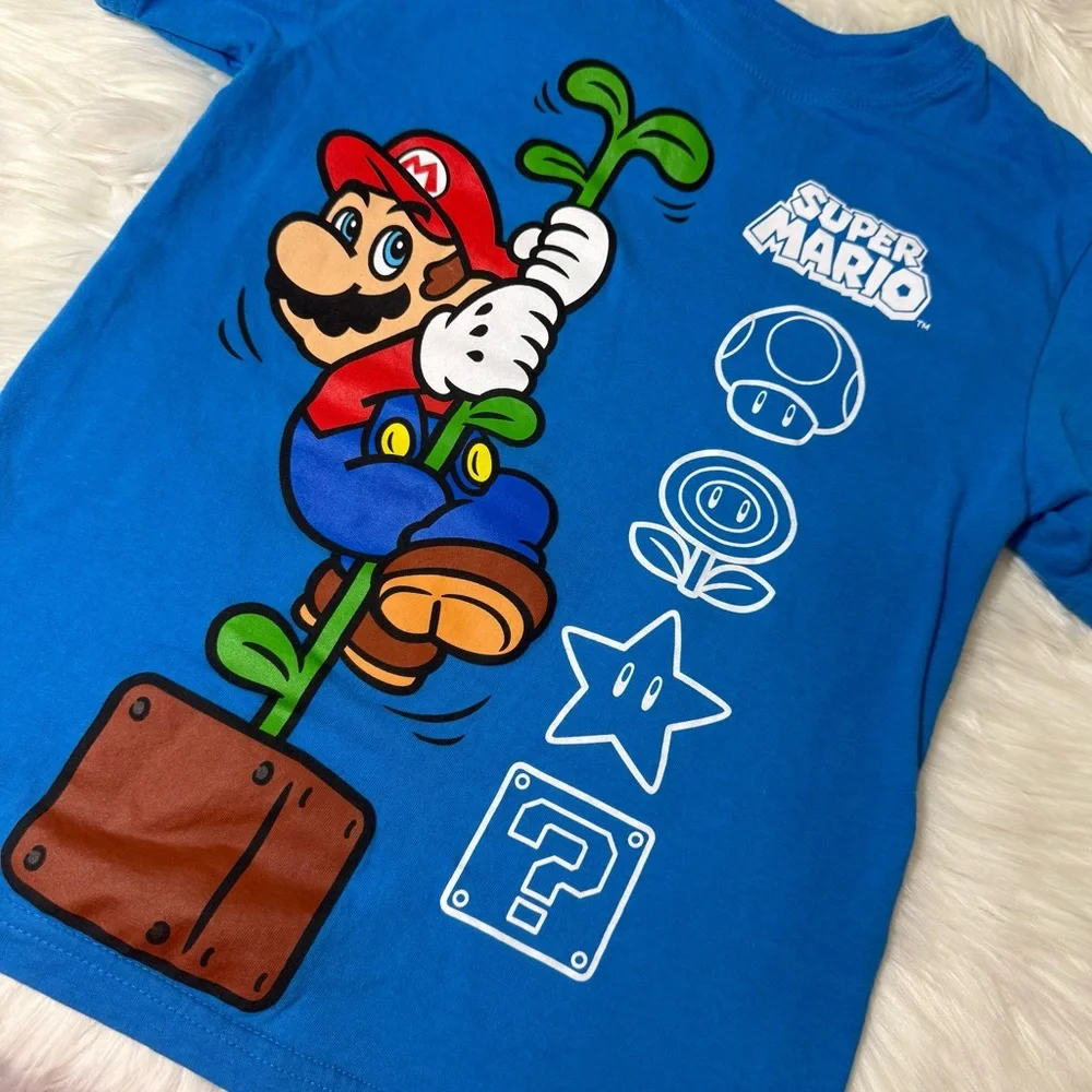 Nintendo Super Mario Youth Boy Size 7 Blue Graphic Short Sleeve Shirt