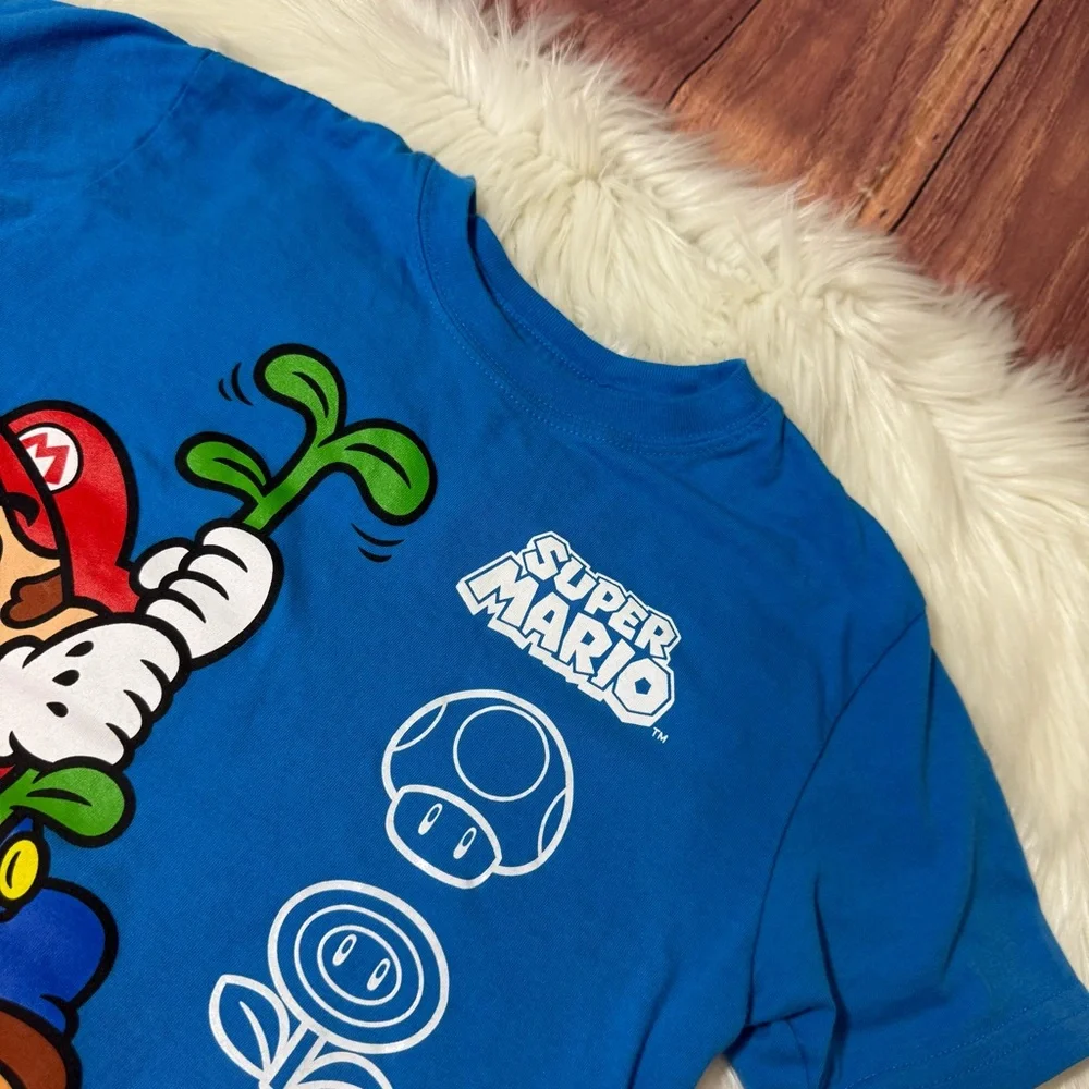 Nintendo Super Mario Youth Boy Size 7 Blue Graphic Short Sleeve Shirt