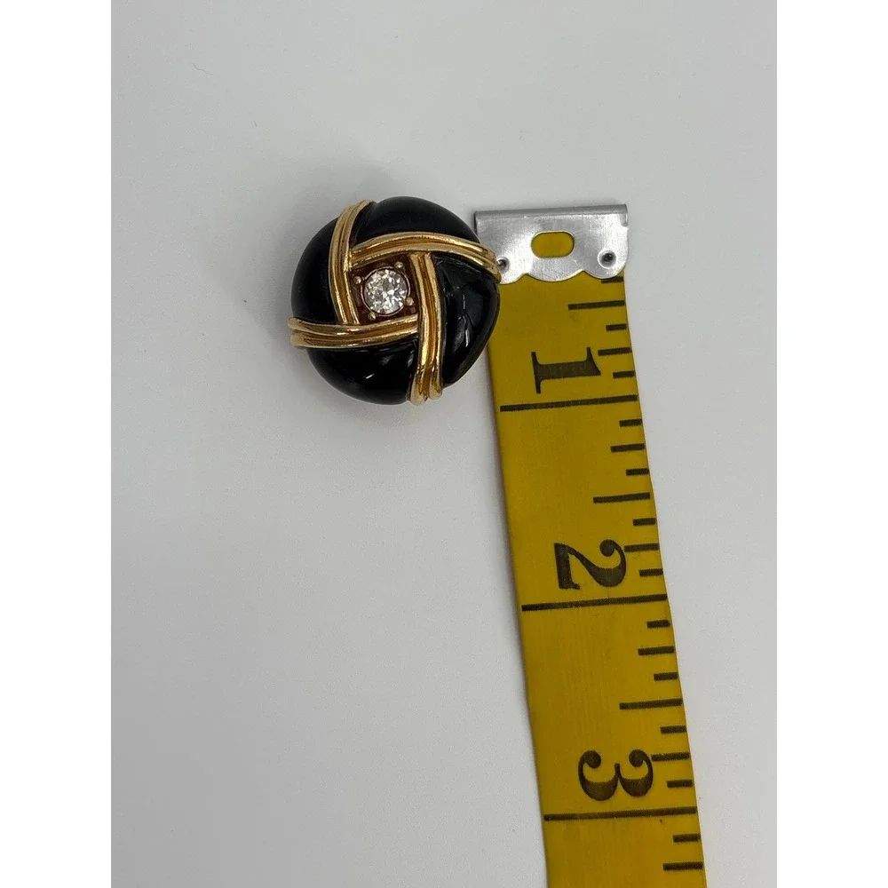 B46 Ciner Vintage Signed Black & Gold Clip On Earrings Rhinestone Knot Enamel