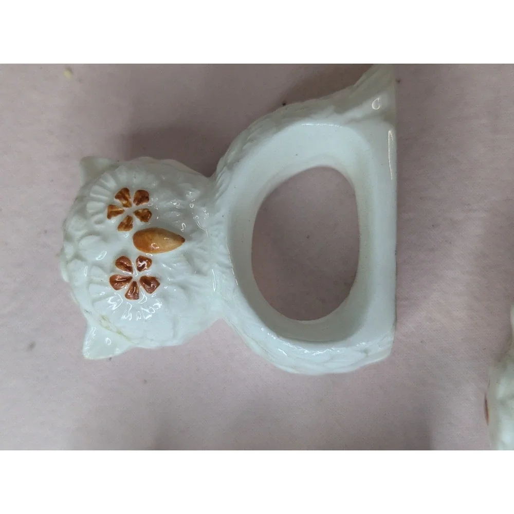 3 lot Bone China white brown Owl napkin rings holder tablescape table decor