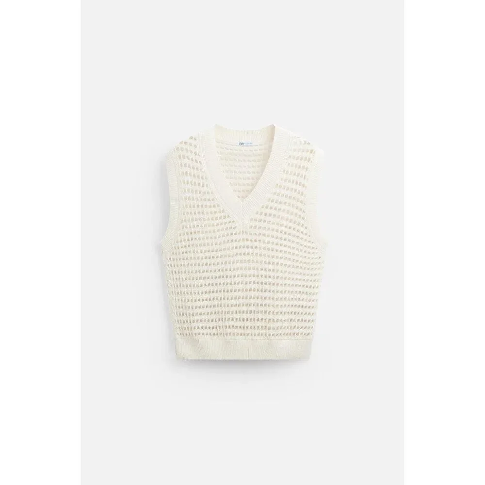 Zara Mens Cutwork Sweater Vest Size M Ivory Open Knit Crochet 1023/300 NWT