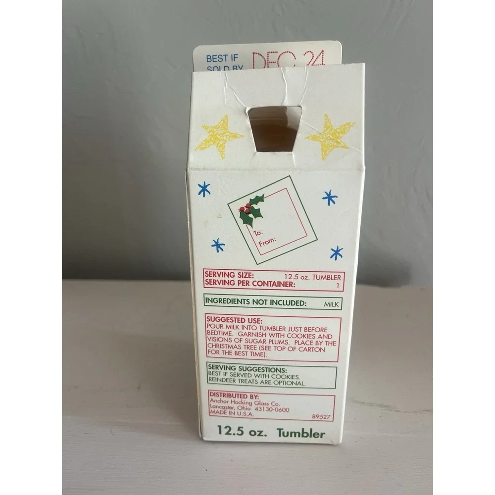 Milk for Santa Tumbler Glass Cup Vintage Anchor Hocking NEW Box Christmas 12 oz