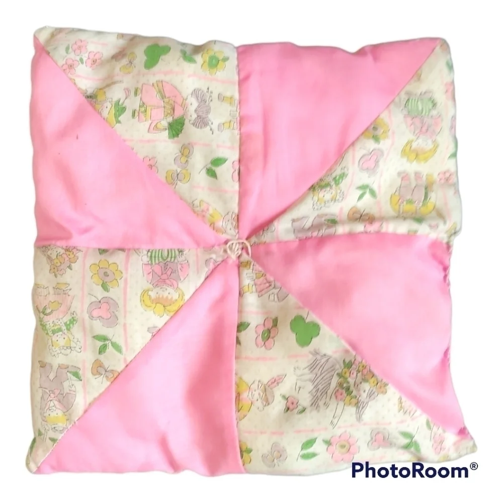 Vintage handmade child's quilt and matching pillow pink and print