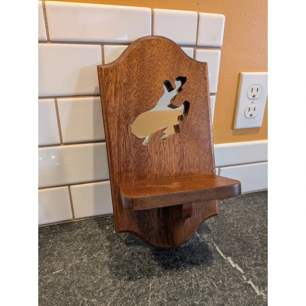 Vintage Handmade Wood Wall Shelf Mirror Inlay Cowboy Riding Bull Western Decor