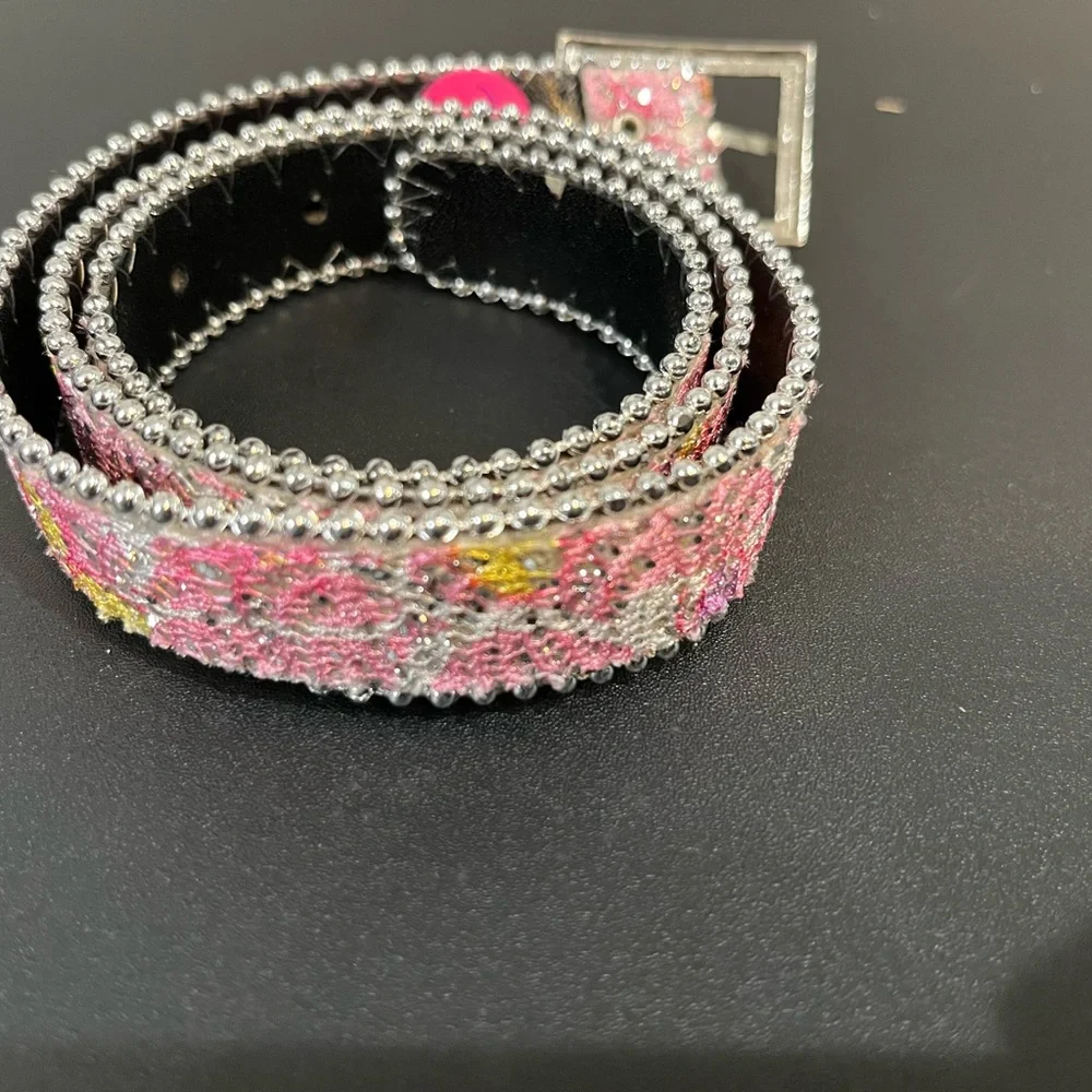 Pink Floral Beaded Kids Belt with Silver Accents
