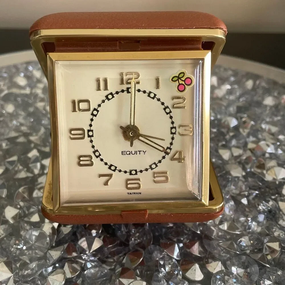 Vintage old Taiwan Equity Folding Travel Alarm Clock Illuminated Hands Wind Up