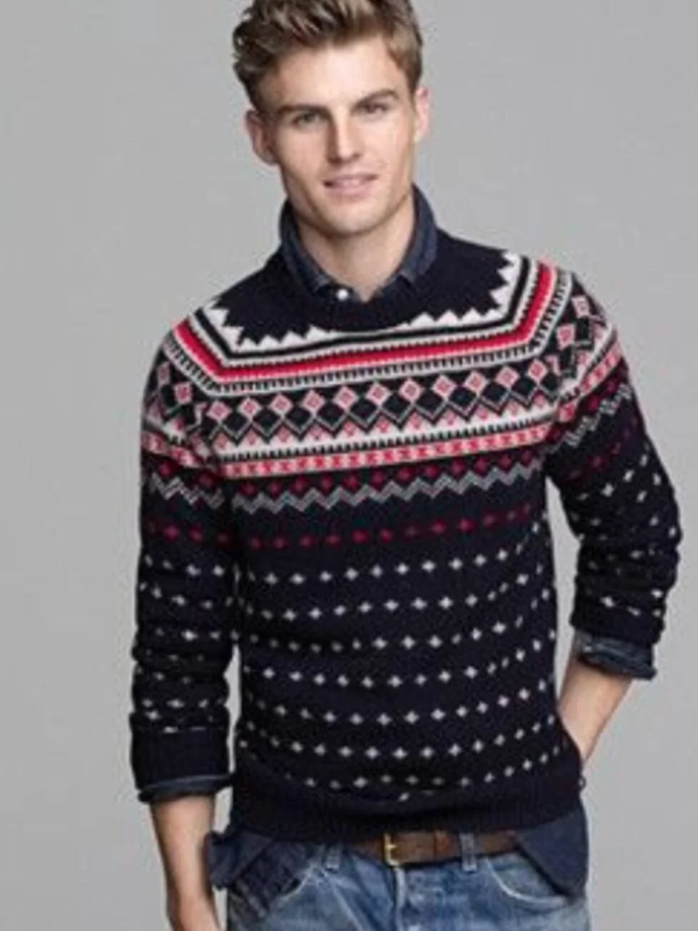 J.Crew Fair Isle Crew Neck Ski Sweater XS Navy Red Nordic Pattern Cozy