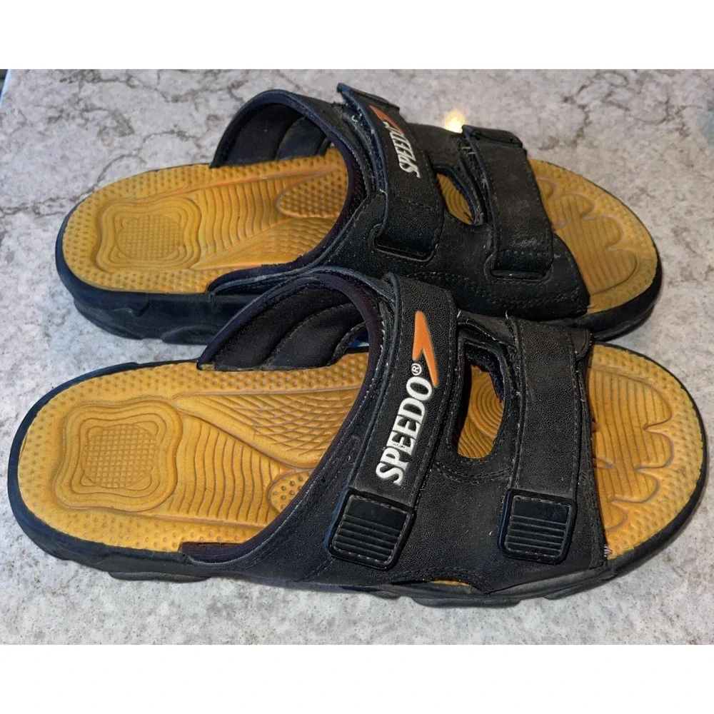 Speedo Black Yellow Boat Sandals Shoes Size L Leather Straps Comfort