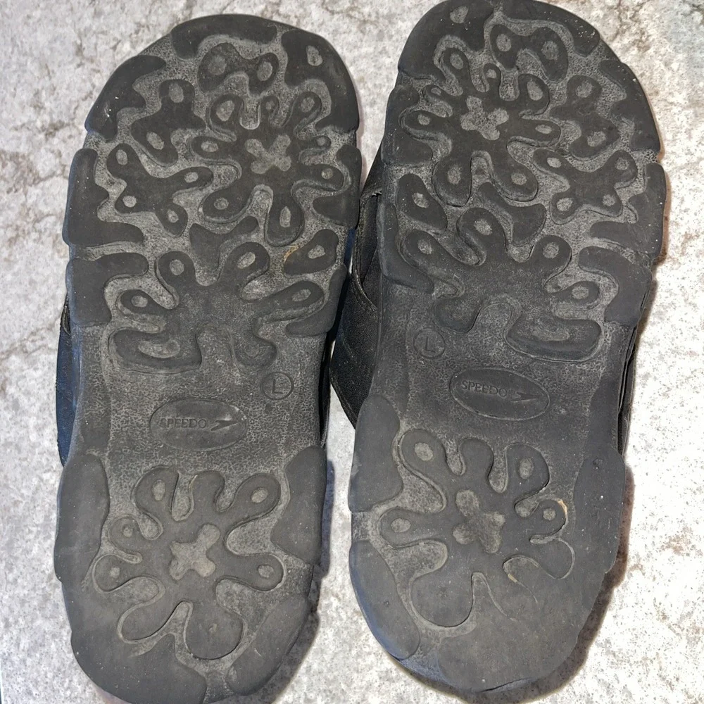 Speedo Black Yellow Boat Sandals Shoes Size L Leather Straps Comfort