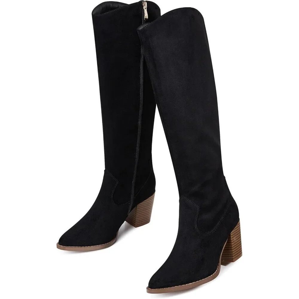 Womens Suede Black Side Zipper Knee High Pointed Toe Chunky Heel Tall Boots