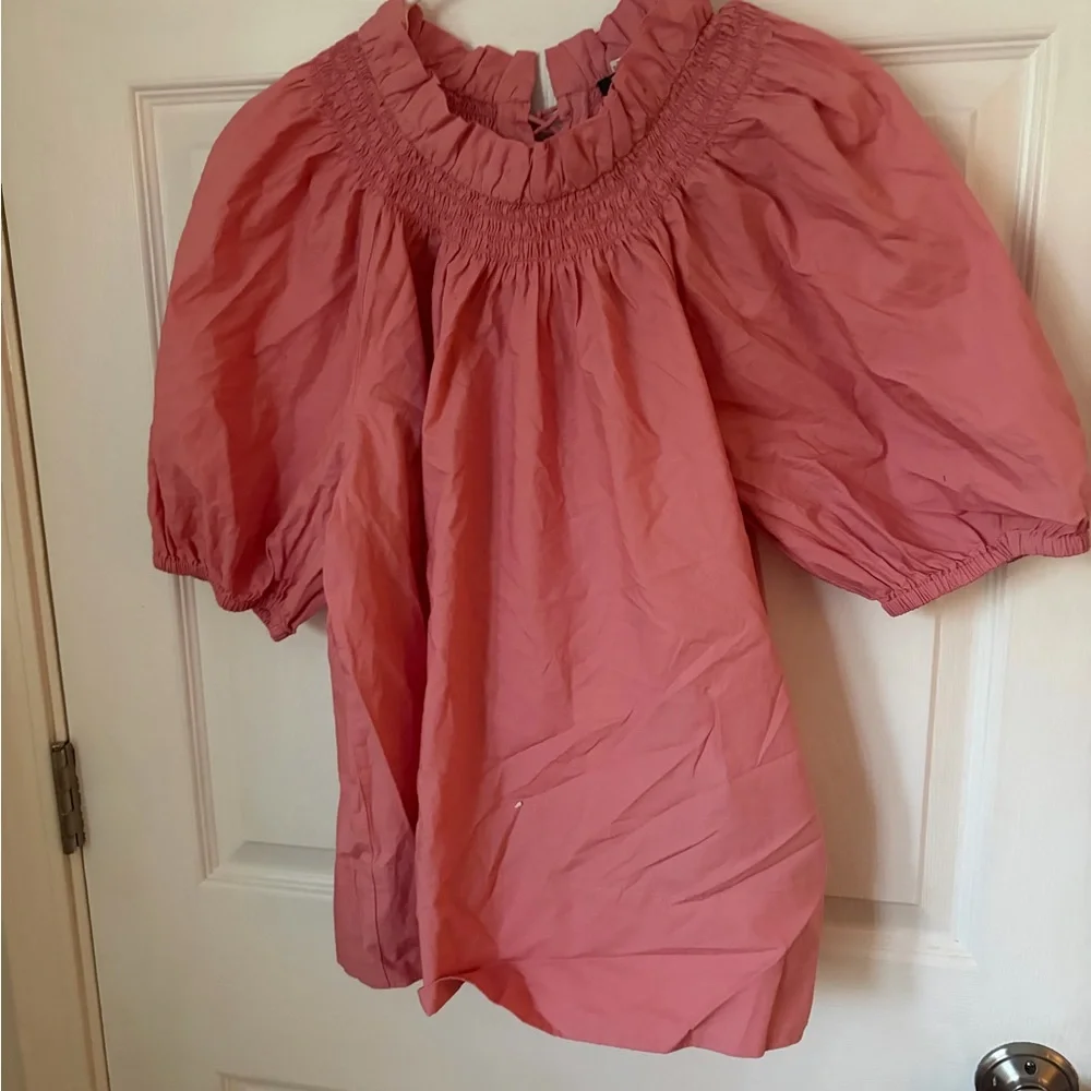 J. Crew Coral Pink Smocked Neck Puff Sleeve Blouse