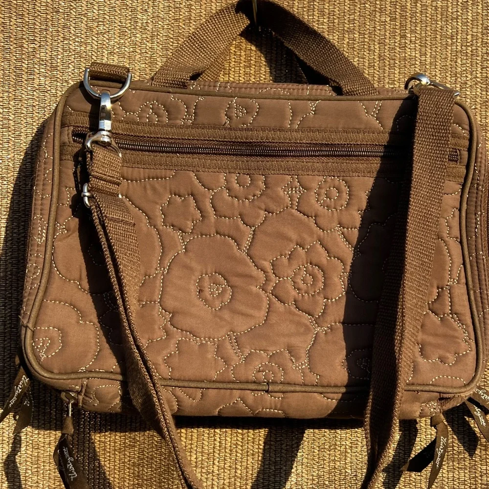 THIRTY ONE Brown Quilted Poppy Double Zip Cosmetic Bag Organizer Travel Handbag
