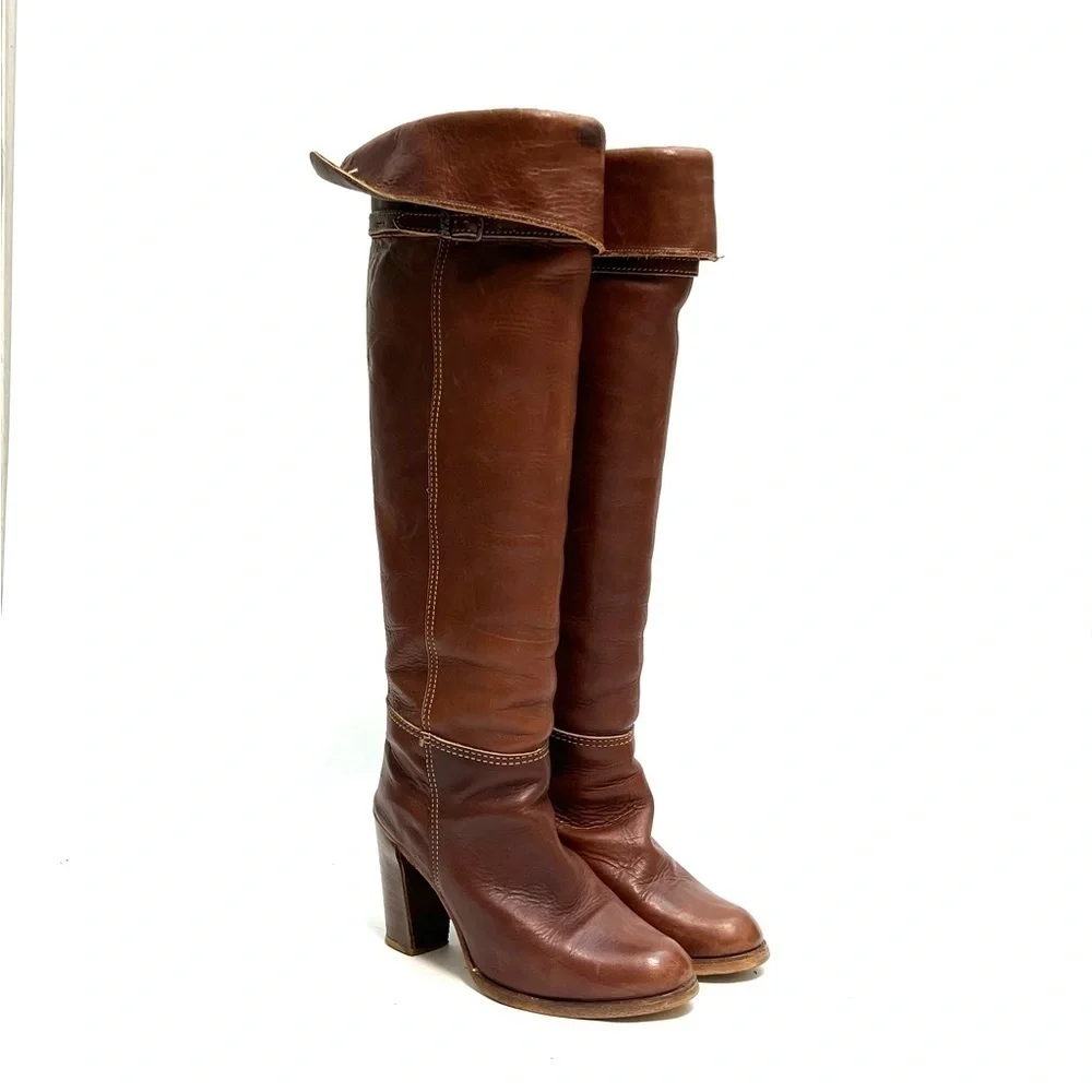 ZODIAC | Vintage 1970s brown leather over the knee logo fabric heeled boots