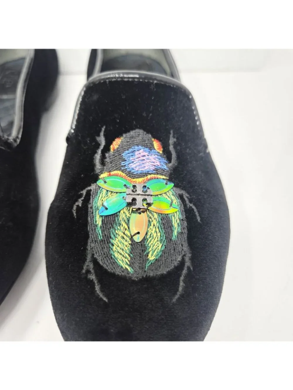TORY BURCH Easton Black Velvet Slipper Loafer Flats embroidered beetle logo 7 M