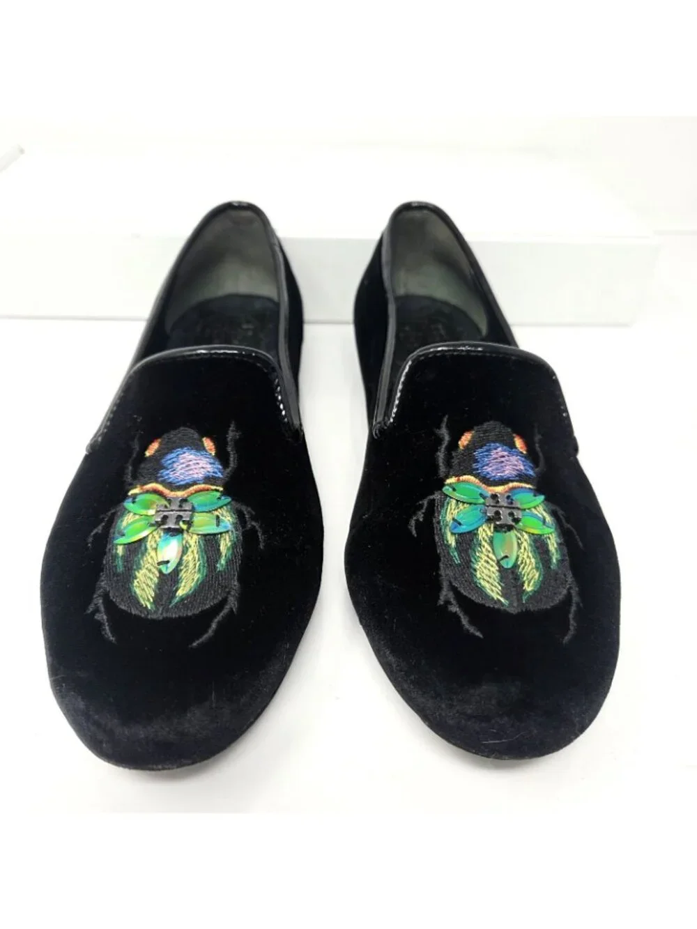 TORY BURCH Easton Black Velvet Slipper Loafer Flats embroidered beetle logo 7 M
