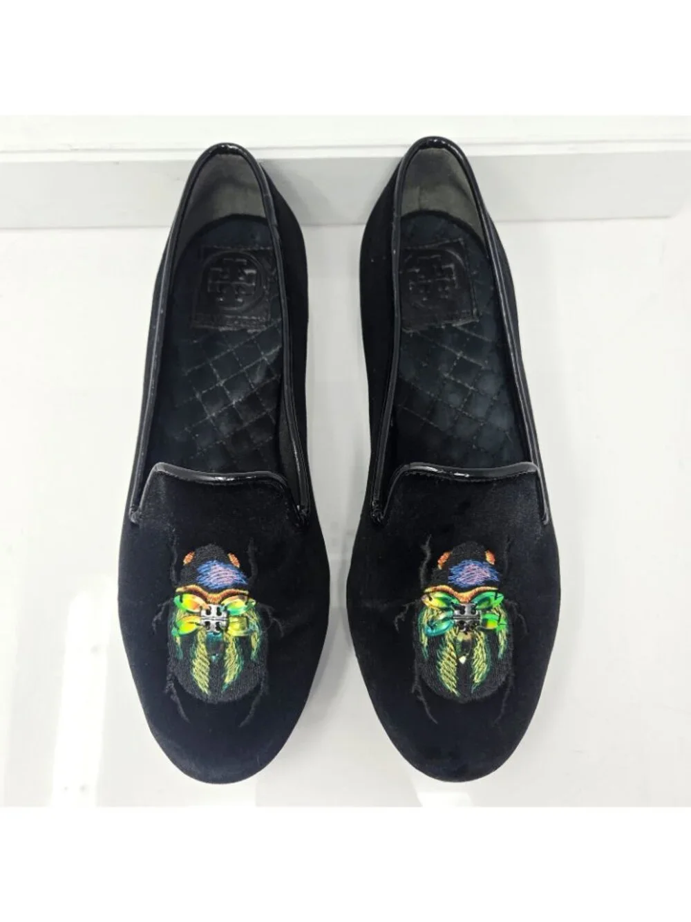 TORY BURCH Easton Black Velvet Slipper Loafer Flats embroidered beetle logo 7 M