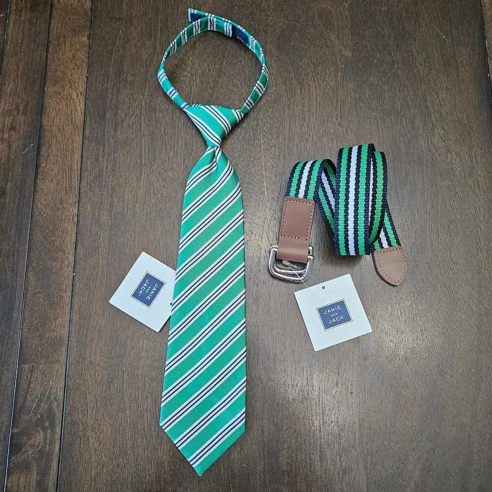 Janie and Jack Tie & Belt‎ Set Boys Size Up to 3 Green Navy Stripe NEW Preppy