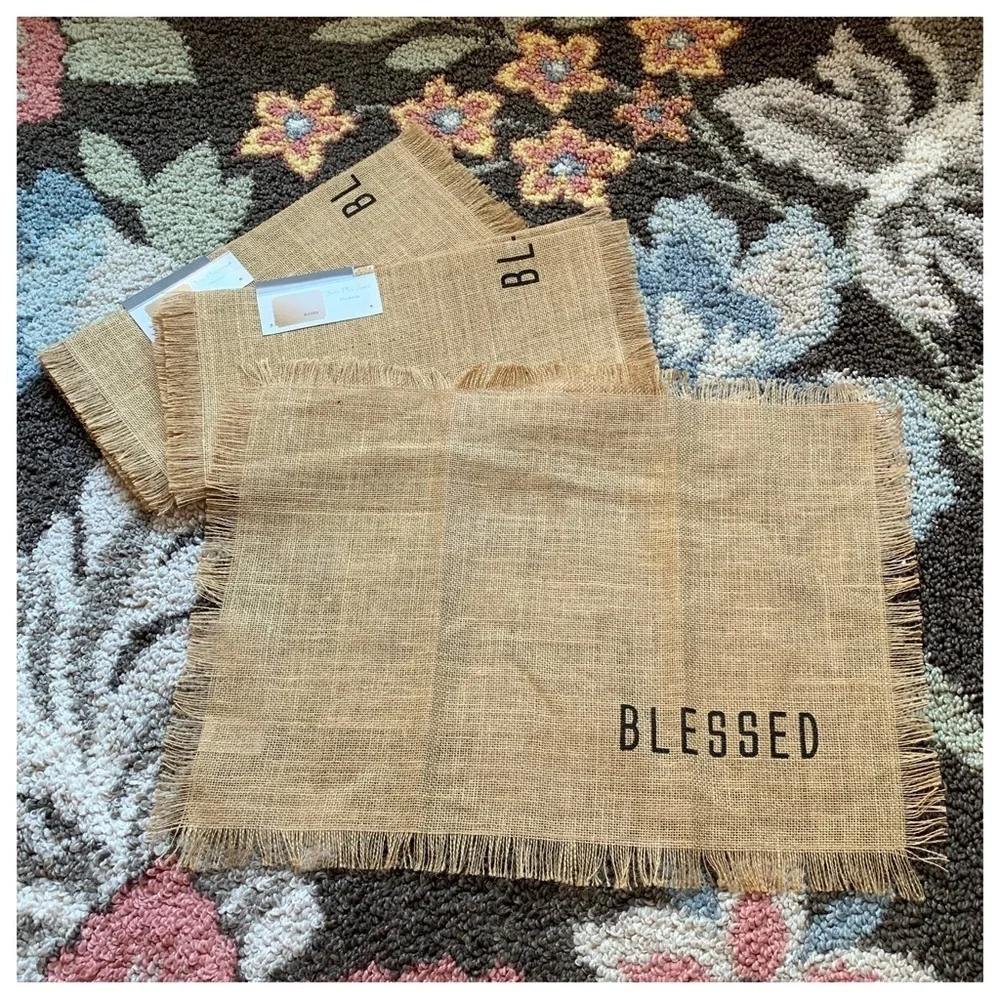 #50 Set 4 BLESSED Woven Natural Jute Burlap Placemats Dining Table Mat Farmhouse
