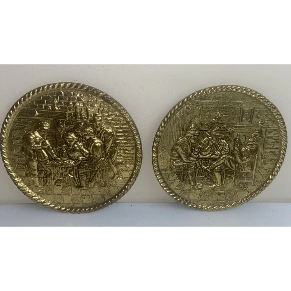 Brass Embossed 3D Tavern Scene Plates Wall Hangings 6.5