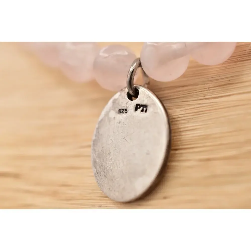 Vintage 925 PTI Rose Quartz Beaded Necklace Spiritual Symbol Pendant 1990s BinAU