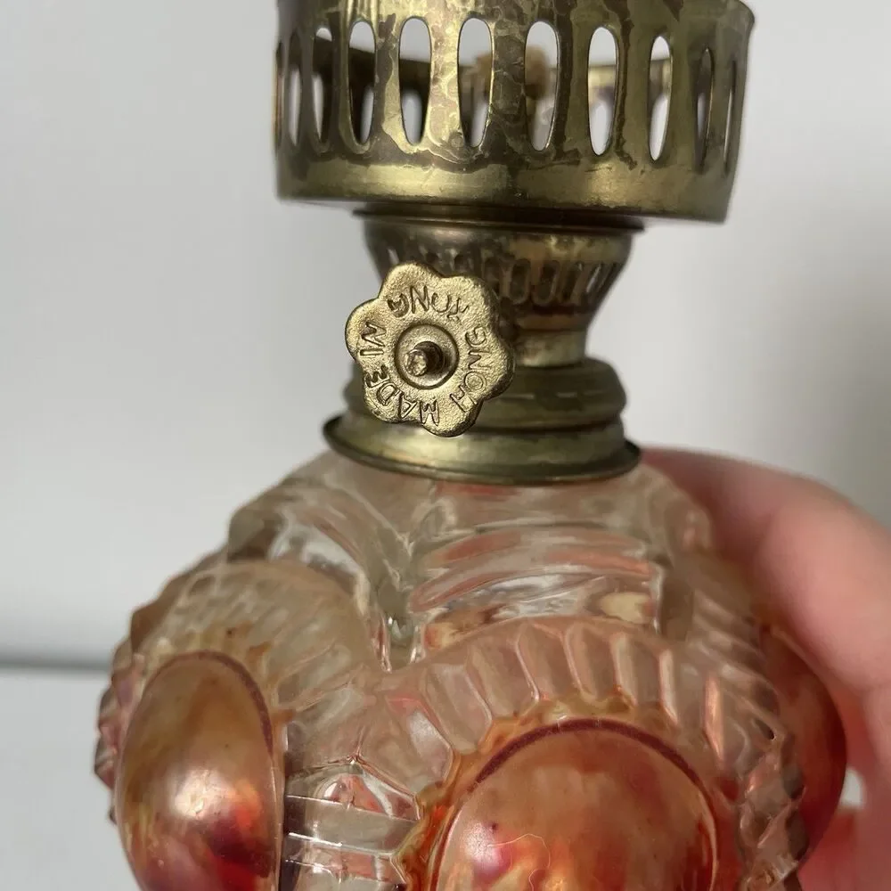 Vintage Antique Glass Oil Lamp Base Clear Red Brown Made in Hong Kong Glassware