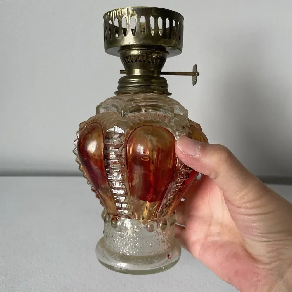 Vintage Antique Glass Oil Lamp Base Clear Red Brown Made in Hong Kong Glassware