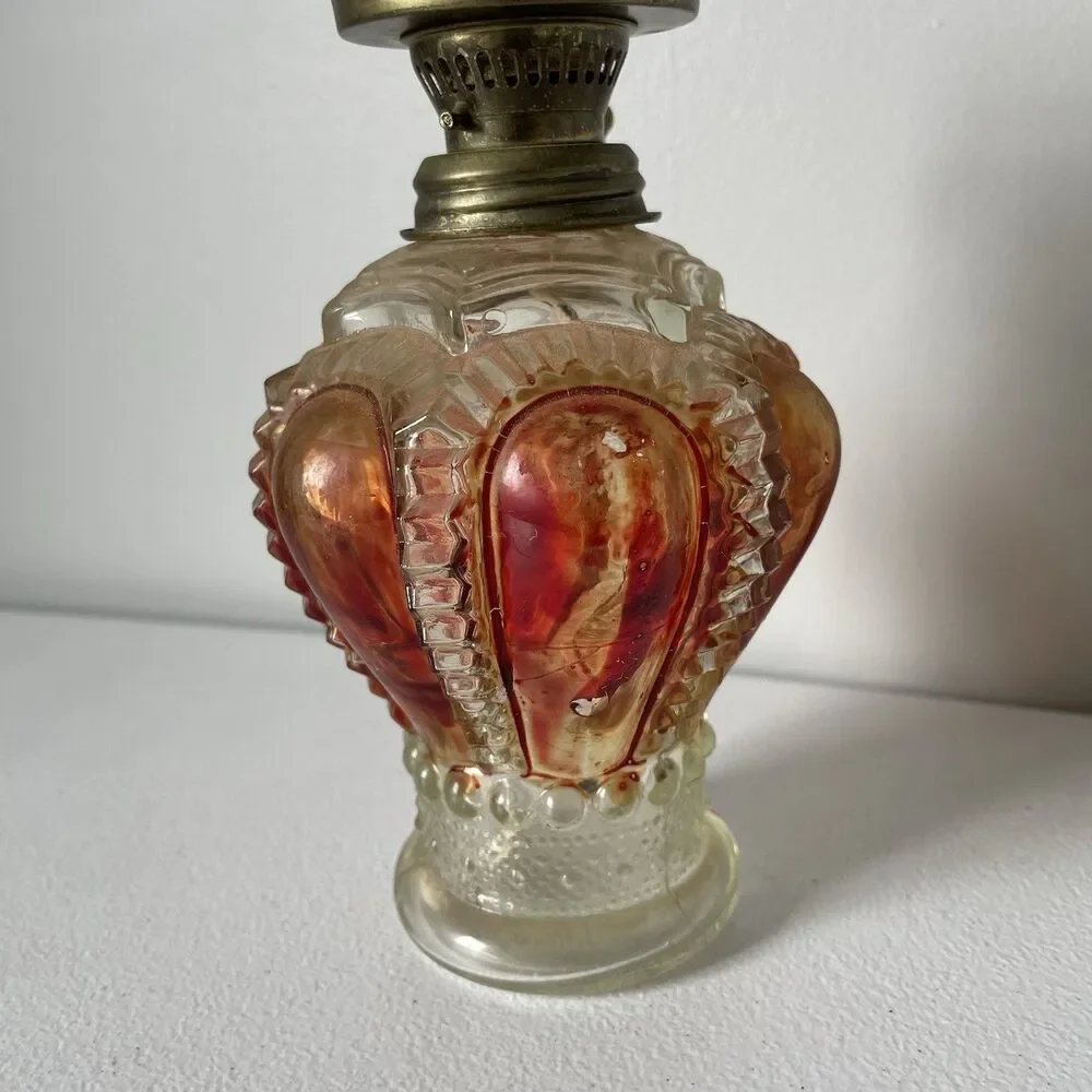 Vintage Antique Glass Oil Lamp Base Clear Red Brown Made in Hong Kong Glassware