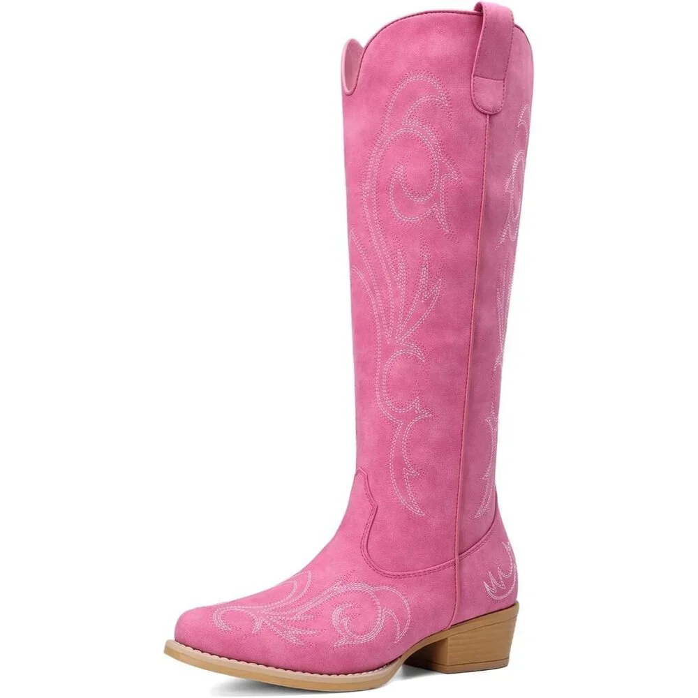 Women Faux Leather Hot Pink Knee High Chunky Heel Side Zipper Embroidered Boot