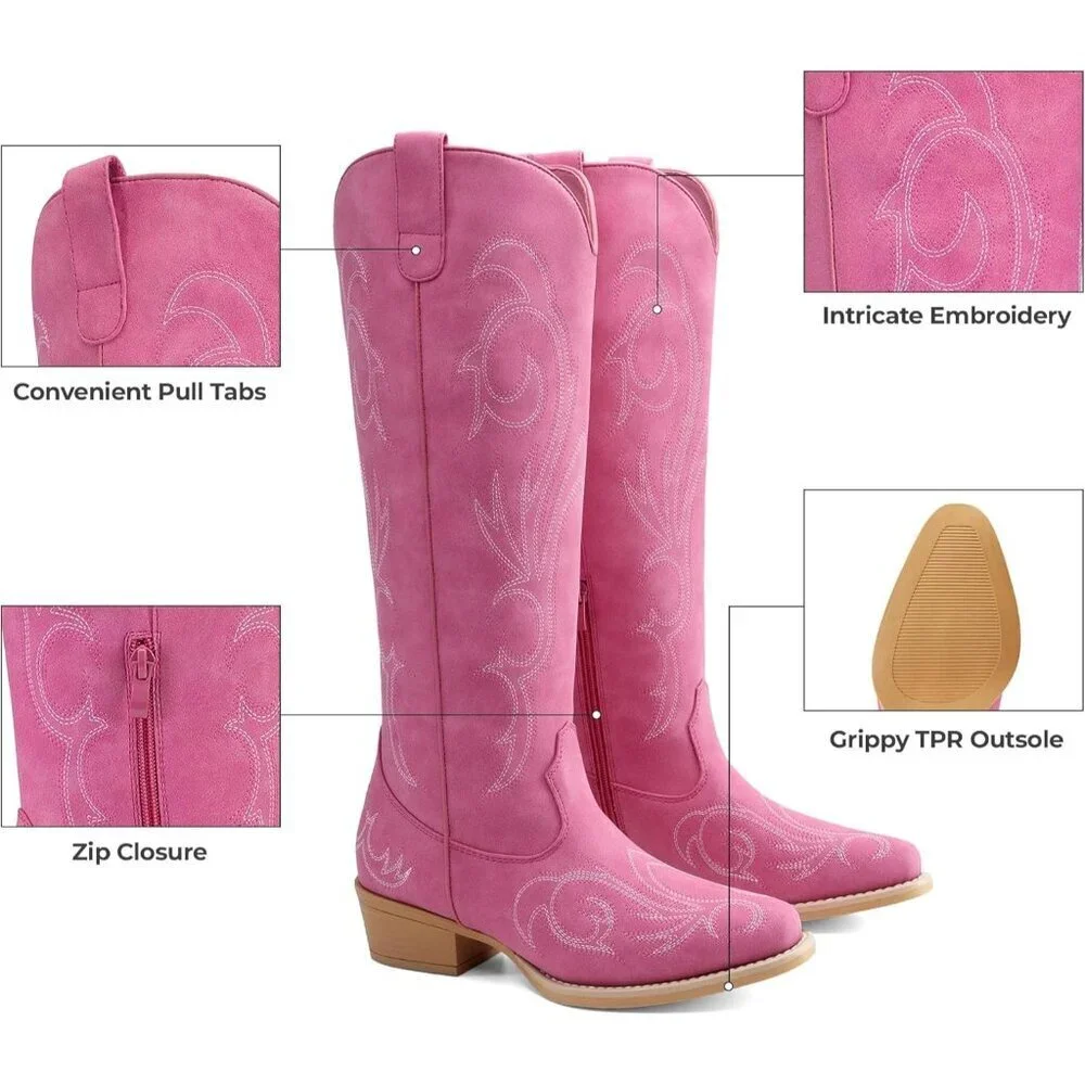 Women Faux Leather Hot Pink Knee High Chunky Heel Side Zipper Embroidered Boot