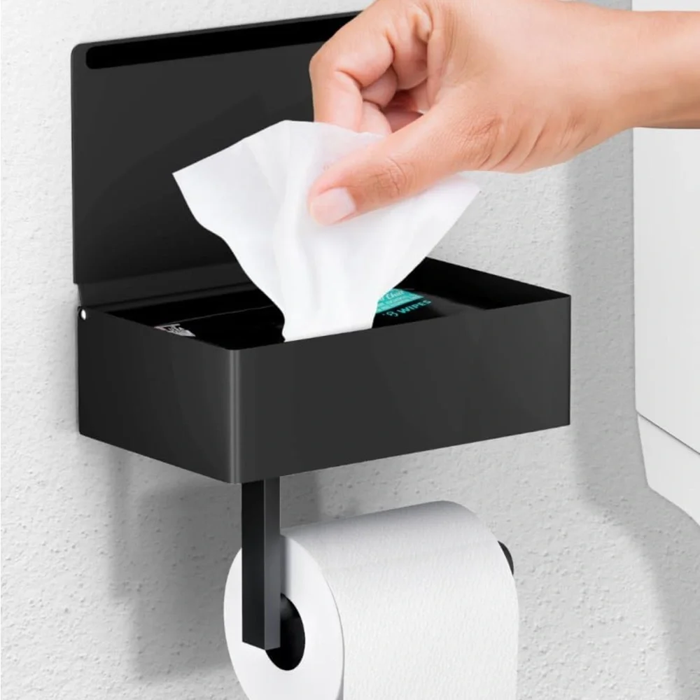 Day Moon Designs Black Toilet Paper Holder with Shelf- 6.5” W x 5” D x 2.5” H