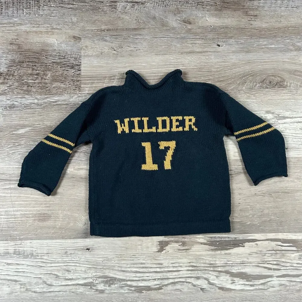 Vintage Style Knit Baby Sweater “Trinity” Wilder 17 Navy Gold Handmade 12-24M