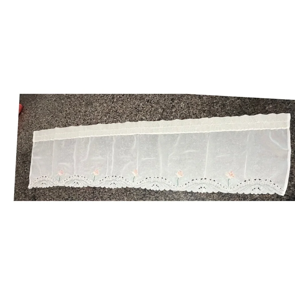 Set of 2 Vintage Sheer White Floral Embroidered Scalloped Valance Curtain 58x14