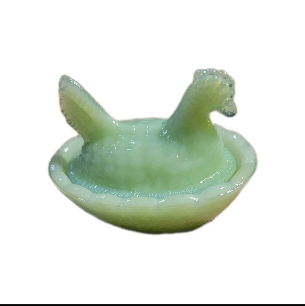 Mini Jadeite Green GLASS Depression Style Hen on Nest Chicken Salt Cellar 2.5in