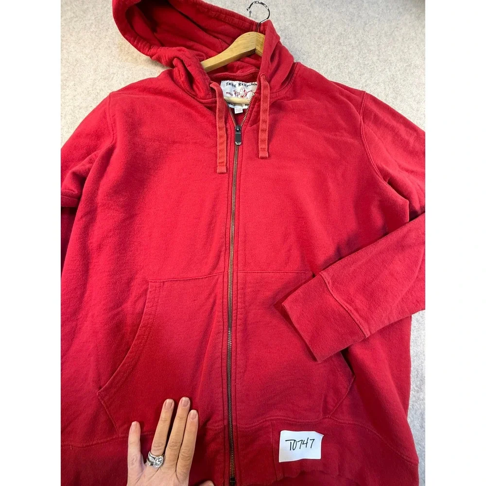 True Religion Mens Red Full Zip Hoodie Gold Horseshoe Logo Sweatshirt 2XL