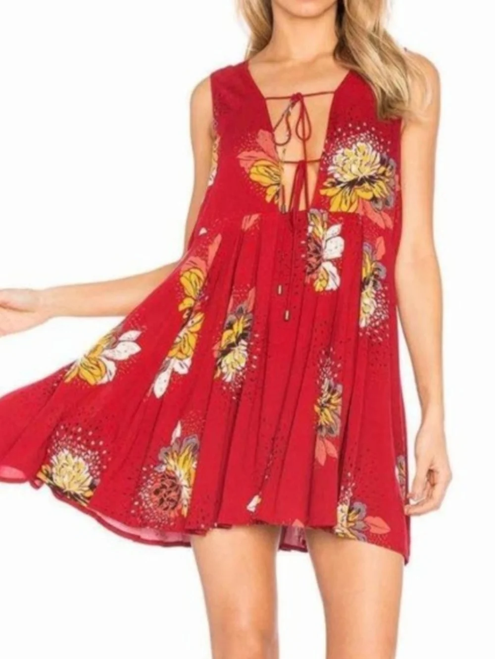 Free People Red Floral Open-Back Dress