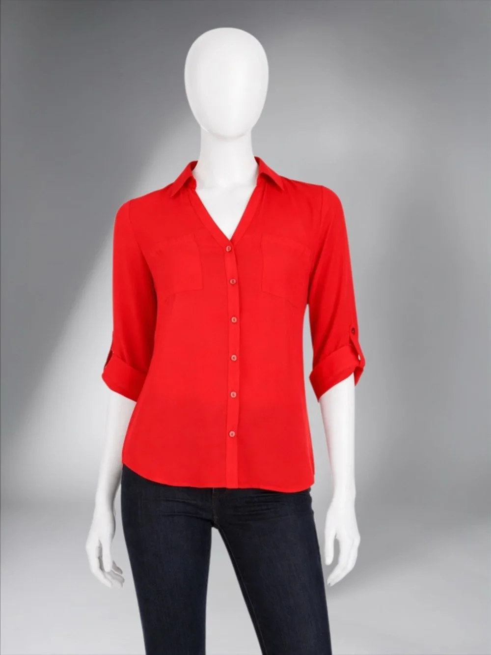 Red Button-Front V-Neck Women's Blouse