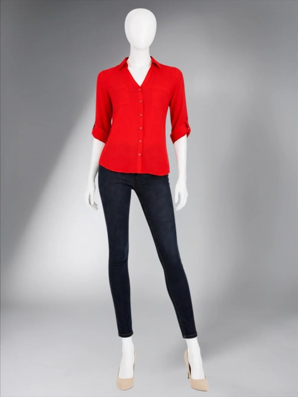 Red Button-Front V-Neck Women's Blouse