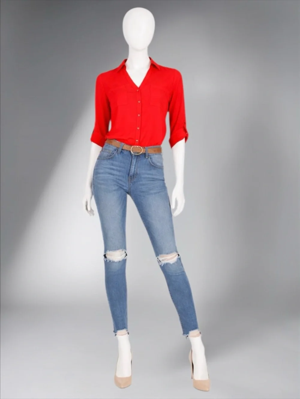 Red Button-Front V-Neck Women's Blouse